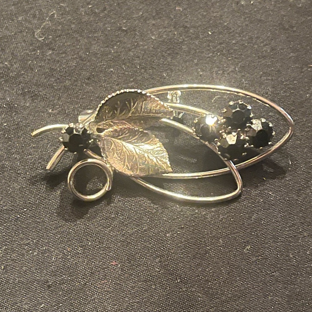 Vintage Silver Tone Black Rhinestone Leaf Brooch